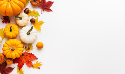 fall halloween thanksgiving concept.  festive autumn decor from pumpkins, berries and leaves on white background.  flat lay composition with copy space