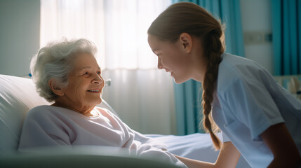 Obraz premium Girl visiting grandmother in hospital