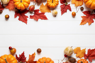 fall halloween thanksgiving concept.  festive autumn decor from pumpkins, berries and leaves on white wooden background.  flat lay composition with copy space