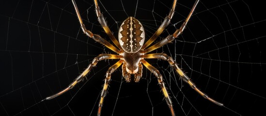 Observation of the upper surface of an orb weaving spider native to Australia observed from a different perspective positioned at the middle of its expansive network