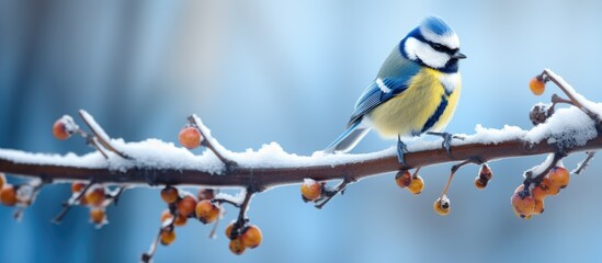 In winter branches there is a perched Cyanistes caeruleus commonly known as a blue tit - obrazy, fototapety, plakaty