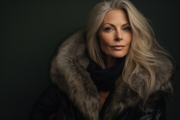 Fashion portrait of beautiful blonde woman in fur coat, studio shot