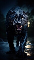 Black panthers dark colored individuals of the genus Panthera, family of cats, black predatory wild animal, powerful fast animal, aggressive . - obrazy, fototapety, plakaty