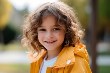 Portrait of a beautiful little girl in a yellow raincoat outdoors