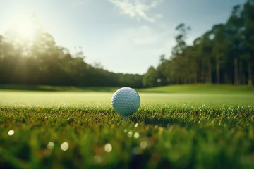 Fotobehang golf ball on tee with fairway golf course and blurred background with green trees panorama © gankevstock