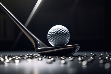 golf club with ball on dark background with reflection surface - Powered by Adobe