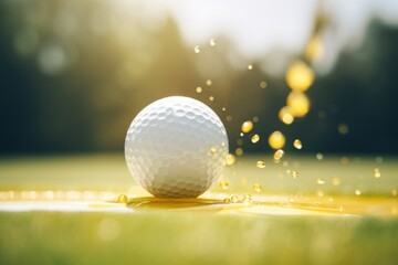 close up golf ball on the water surface with blurred background