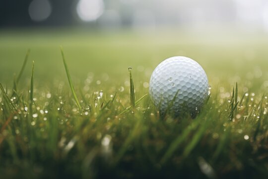 close up of golf ball in wet grass. playing golf after rain on a wet lawn