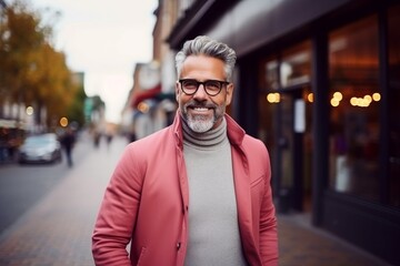 Portrait of a handsome middle-aged man in glasses and a pink coat standing on the street.
