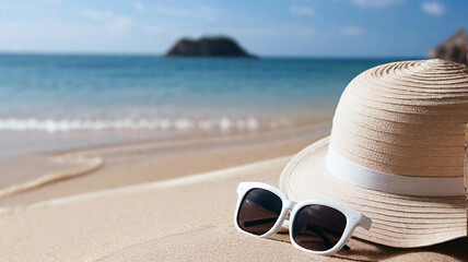 Fototapeta na wymiar Beautiful beach with glasses and hat on the beach