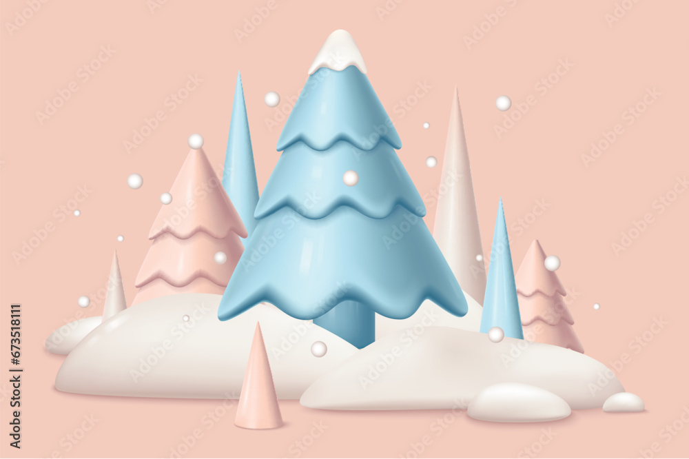 Poster christmas and new year 2024 background in 3d realistic design. festive pine trees and geometric shap