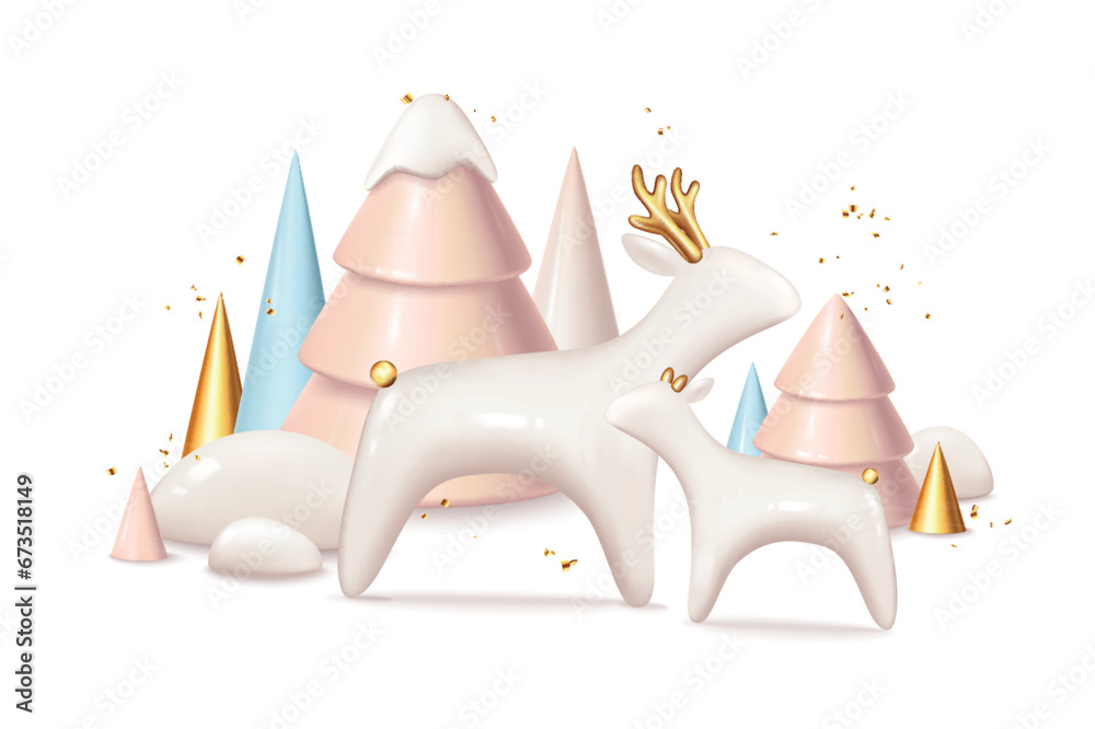 Poster christmas and new year 2024 background in 3d realistic design. festive pine trees, geometric shapes,