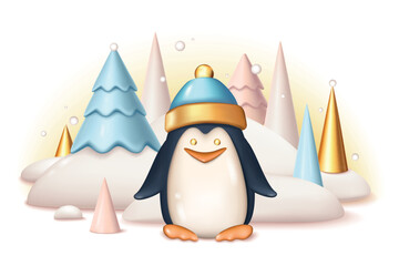 Christmas and New Year 2024 background in 3d realistic design. Festive pine trees, geometric shapes in snow hill, cute penguin in in Santa Claus hat. Xmas banner in plastic style. Vector illustration.