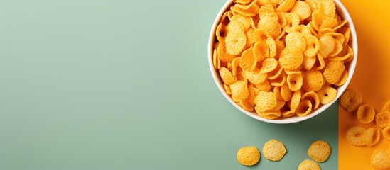 A vivid backdrop serves as the canvas for a bowl filled with crispy cornflakes - obrazy, fototapety, plakaty