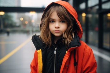 Portrait of a cute little girl in a red raincoat on the street.