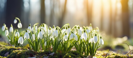 Snowdrop flowers blooming in the garden during a bright and sunny day - obrazy, fototapety, plakaty