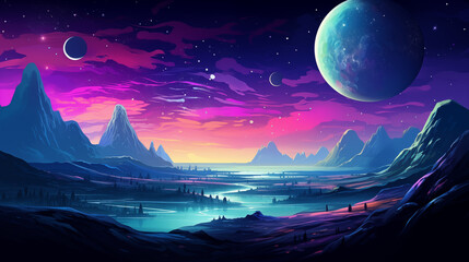 Fototapeta premium Futuristic outer space landscape, bold vivid colors, fictional worlds, digital painting