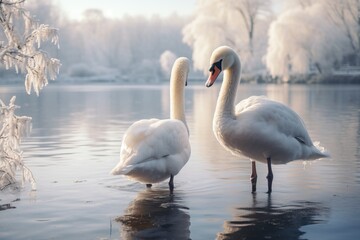 Obraz premium swans in a beautiful winter wonderland
