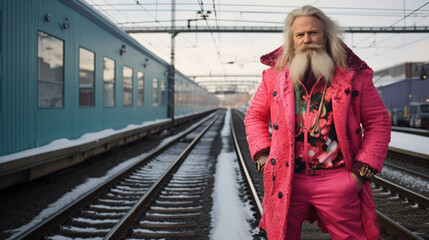 Fototapeta premium Fashionable Santa Claus in a pink suit at the train station.