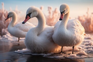 Obraz premium swans in a beautiful winter wonderland
