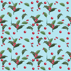 Seamless Christmas pattern of green leaves and Christmas red berry and  light blue background.