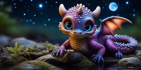 Fantasy Wildlife photography of a cute Nebula baby dragon with big eyes, by a rippling stream under a starlit sky, amazing