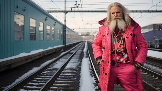 Fashionable Santa Claus in a pink suit at the train station.