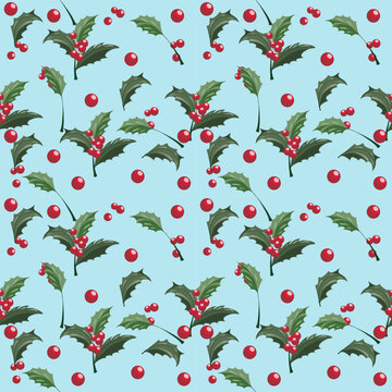 Seamless Christmas pattern of green leaves and Christmas red berry and  light blue background.