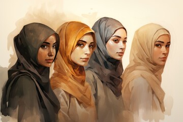 Multicultural girls friends, Arabic and African-American appearance in hijab, religion Islam, beautiful modest hidden women drawn with oil paints watercolor