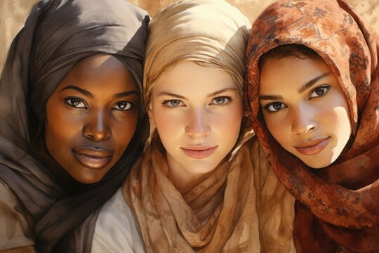 Multicultural girls friends, Arabic and African-American appearance in hijab, religion Islam, beautiful modest hidden women drawn with oil paints watercolor