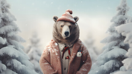 A bear standing on two legs in a warm winter sweater. Abstrac minimal portrait of a wild animal dressed up as a man in elegant clothes. A winter idyll next to the Christmas trees. - obrazy, fototapety, plakaty