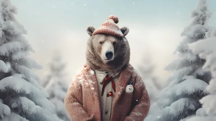 Foto op Aluminium A bear standing on two legs in a warm winter sweater. Abstrac minimal portrait of a wild animal dressed up as a man in elegant clothes. A winter idyll next to the Christmas trees. © Creative Photo Focus