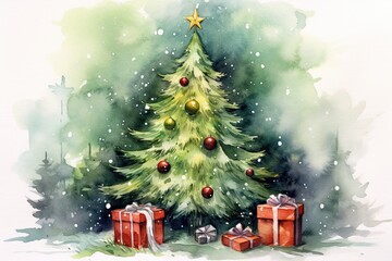 decorated christmas tree with gifts, beautiful christmas card watercolor background