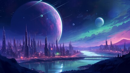 Naklejka premium Futuristic cityscape in outer space, otherworldly, digital painting, bold vivid colors
