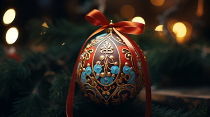 Christmas colorful bauble decorated with a lot of details and a red ribbon