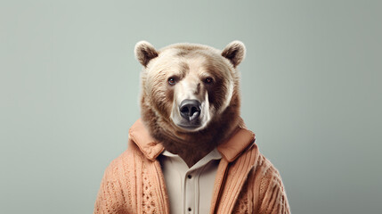 A bear standing on two legs in a warm winter sweater. Abstract, creative, illustrated, minimal portrait of a wild animal dressed up as a man in elegant clothes. - obrazy, fototapety, plakaty
