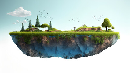 island. Surreal float landscape. Cross section of land with grass on a white background.