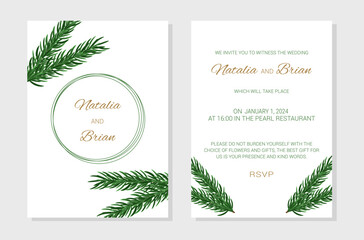 Wedding invitation layout template in winter theme. Decor made of spruce branches. Design of an invitation card. Vector illustration.