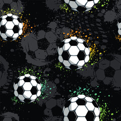 Abstract seamless football pattern for boys, sport textile, fashion clothes, wrapping paper. Grunge urban repeat soccer ball print with grunge graffiti background © Kseniia Koval