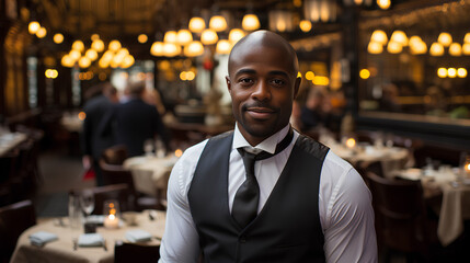 Glamour image of an ethnic american man wearing a vest in an elegant restaurant - Generative AI - Powered by Adobe