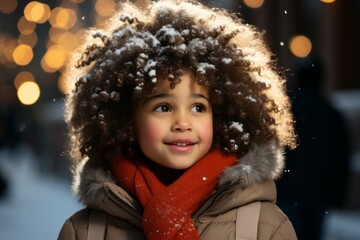 Child at the Christmas market. Portrait with selective focus and copy space