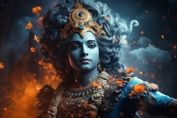 Krishna in fantasy style. Religious concept with selective focus and copy space - obrazy, fototapety, plakaty
