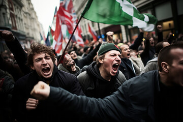 Protesters behaving violently, fighting, damaging buildings and vehicles. Angry mob protesting on the street. People participating in street riot. Police confronting crowds.