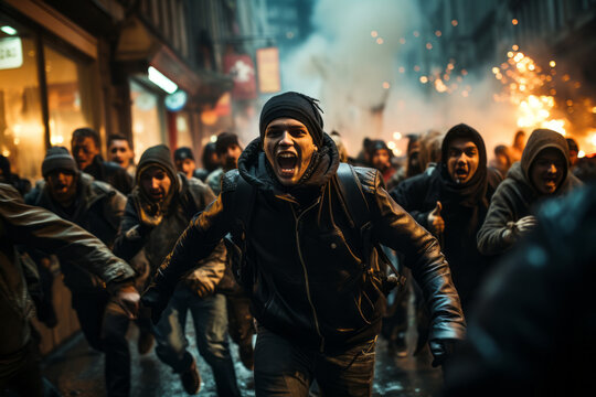 Protesters behaving violently, fighting, damaging buildings and vehicles. Angry mob protesting on the street. People participating in street riot. Police confronting crowds.