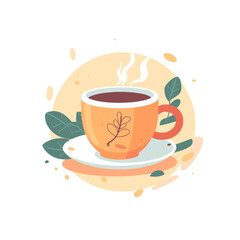 A steaming cup of tea decorated green leaves isolated on white background