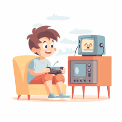 A young boy playing retro video games on an vintage tv set