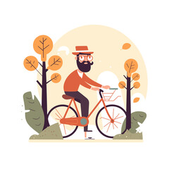 A hipster riding his bike through the forest