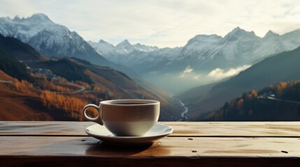 cup of coffee stands on a wooden balcony and snow-capped mountains, a forest with yellow leaves. Ski resort vacation in winter holidays morning in nature. travel, trip, leisure activity. - obrazy, fototapety, plakaty