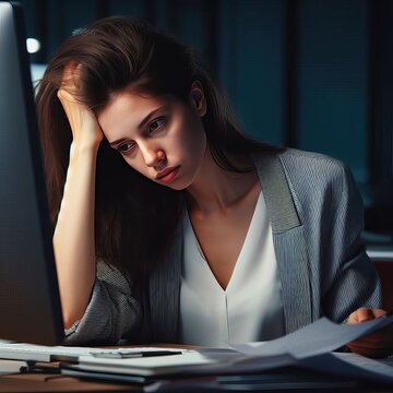 Portrait of a businesswoman sitting working tired in front of the computer and many documents on the table at the workplace until late, depression, Hobbies and leisure concept, generative ai