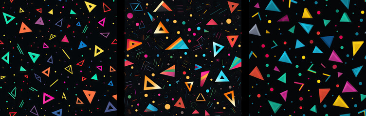 Set of abstract geometric seamless pattern with neon simple form on black background. Triangle, line and circle. Hipster fashion Memphis style. Retro design for card, paper, fabric